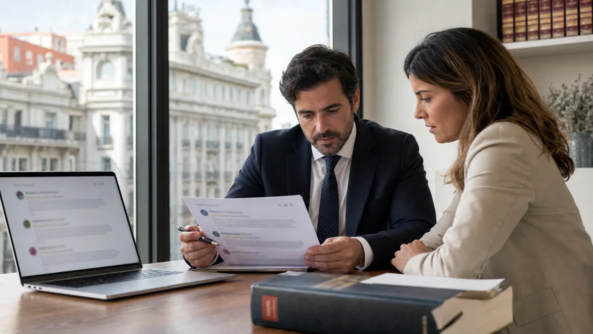Spanish lawyer and business owner reviewing a defamatory Google review in Madrid