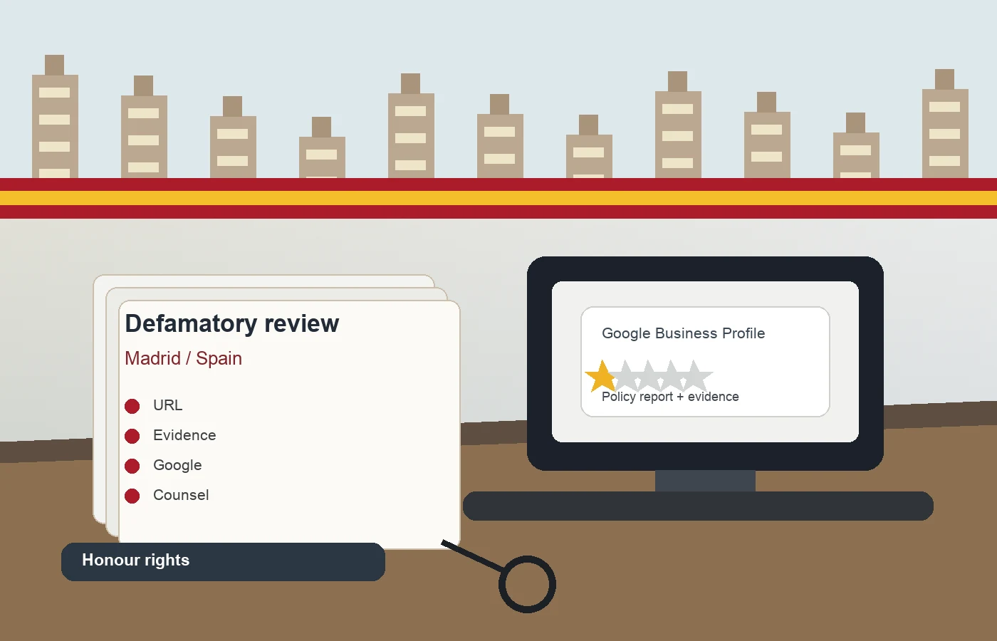 Spanish lawyer reviewing a defamatory Google review for a Madrid business