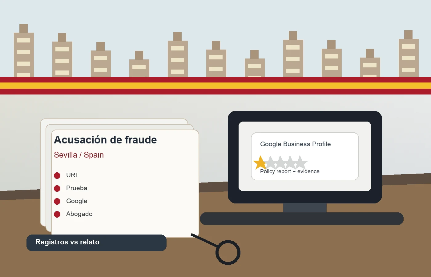 Abogada española examinando una reseña Google con acusación de fraude en Sevilla