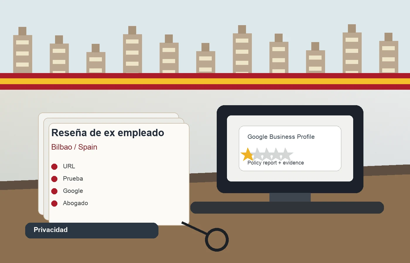 Abogada española revisando una reseña Google publicada por ex empleado en Bilbao