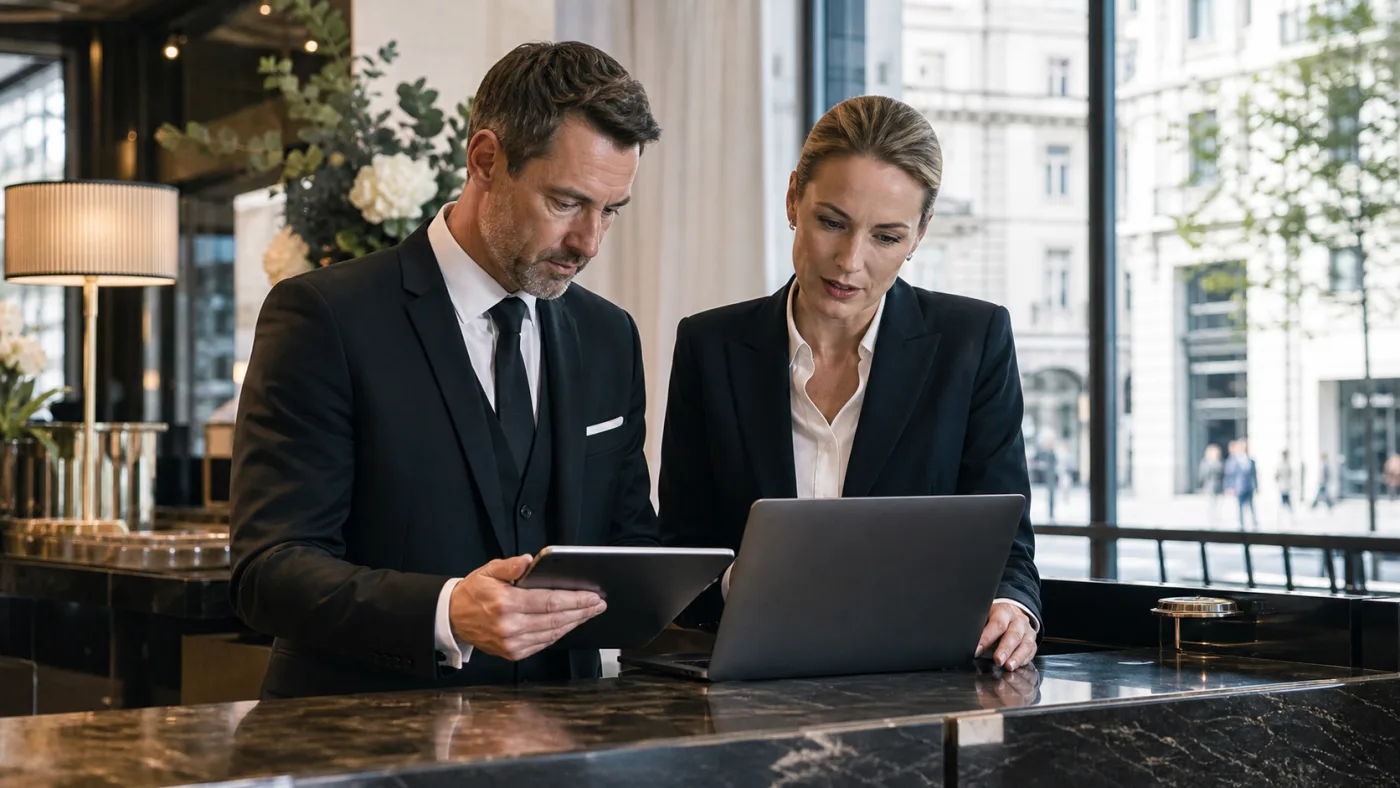 Zurich hotel team checking guest records for a suspected fake Google review