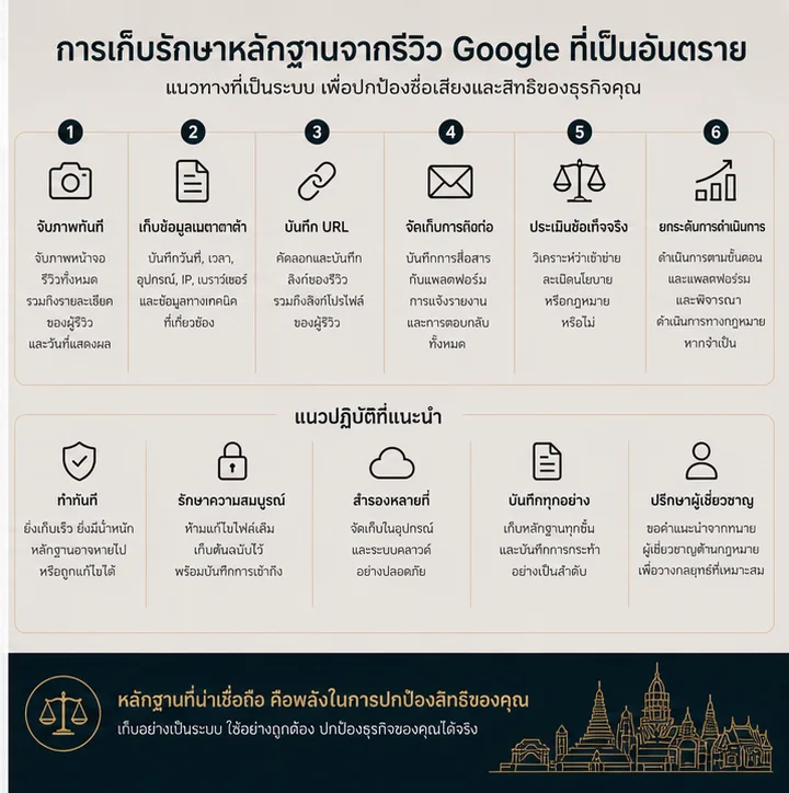 เช็กลิสต์พยานหลักฐานเพื่อลบรีวิว Google ในประเทศไทย: อะไรที่ทำให้ Google และที่ปรึกษากฎหมายเชื่อจริง
