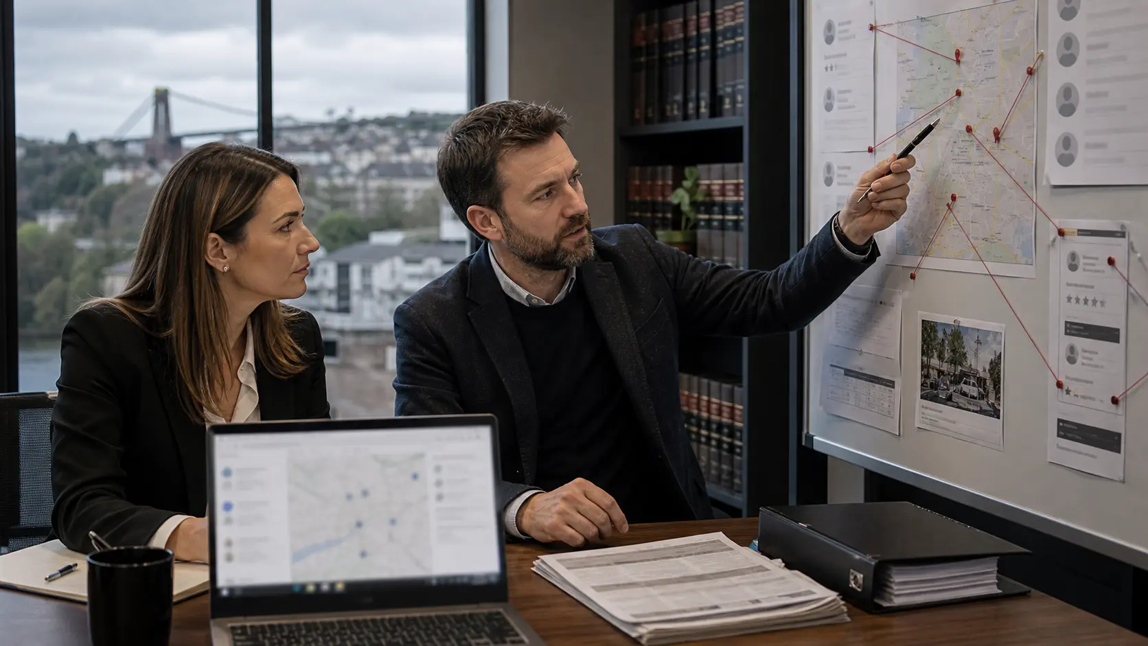 UK solicitor mapping suspicious competitor-linked Google reviews on an evidence board