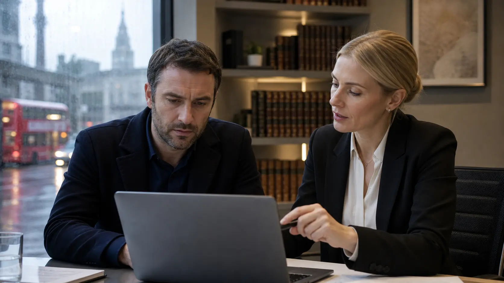 UK solicitor and business owner reviewing a defamatory Google review evidence file in London