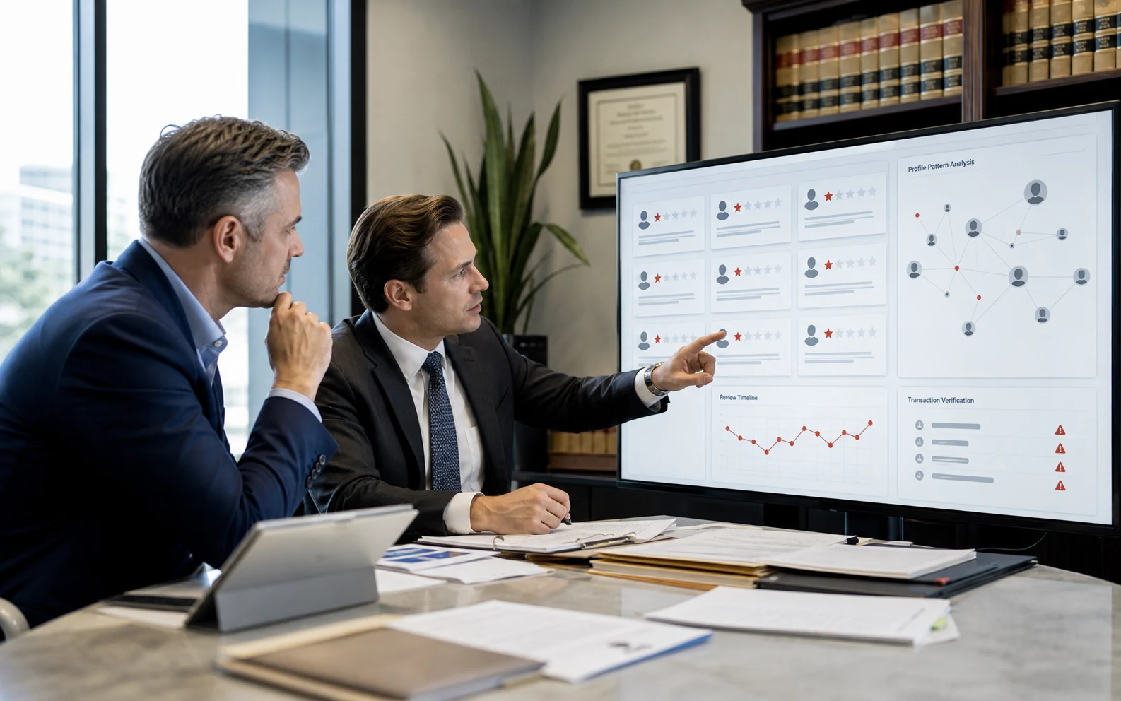 U.S. business owner and attorney reviewing suspicious AI-generated Google review patterns on a large screen