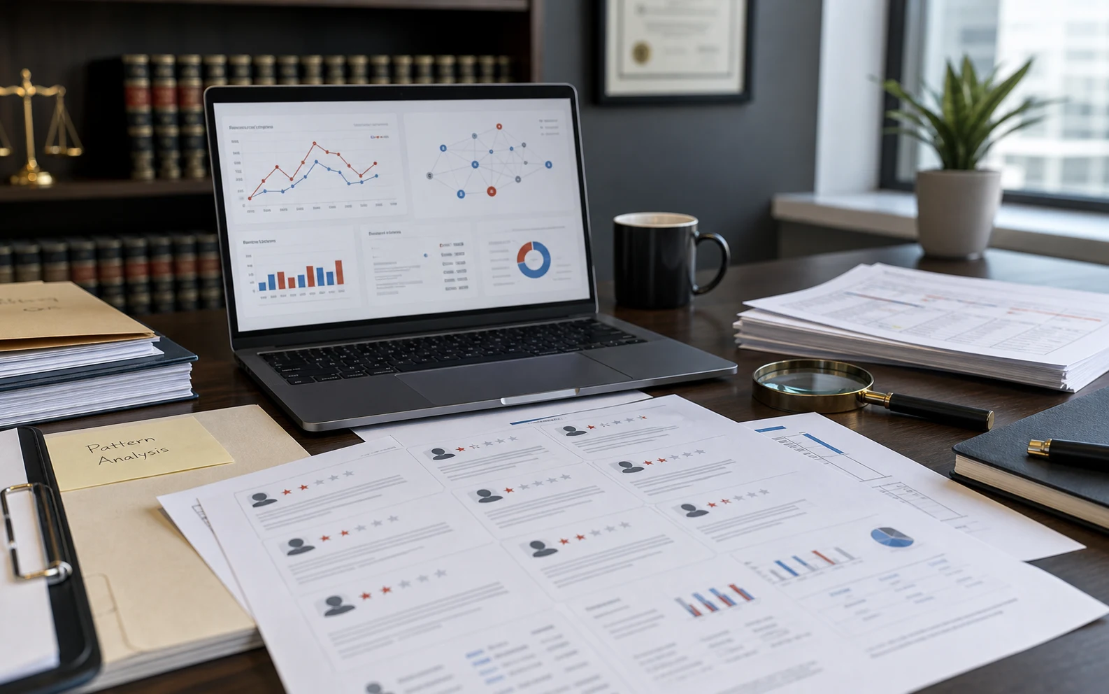 United States evidence desk comparing Google review screenshots, profile patterns, and transaction records for suspected AI-generated fake reviews