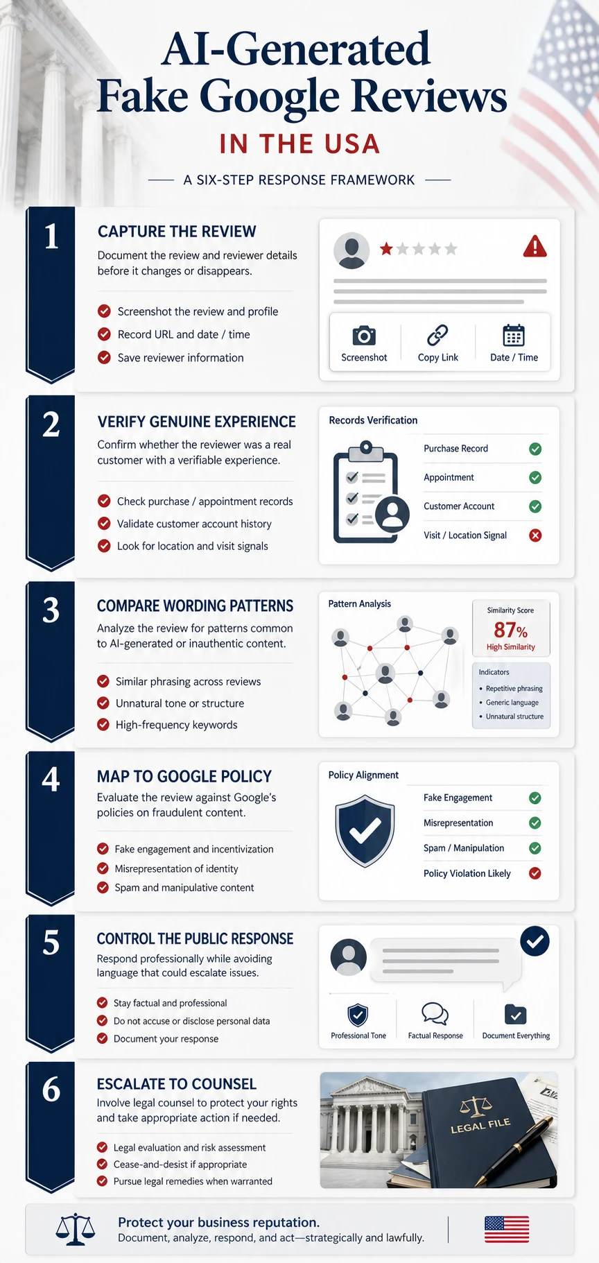 Technical infographic for responding to suspected AI-generated fake Google reviews in the United States
