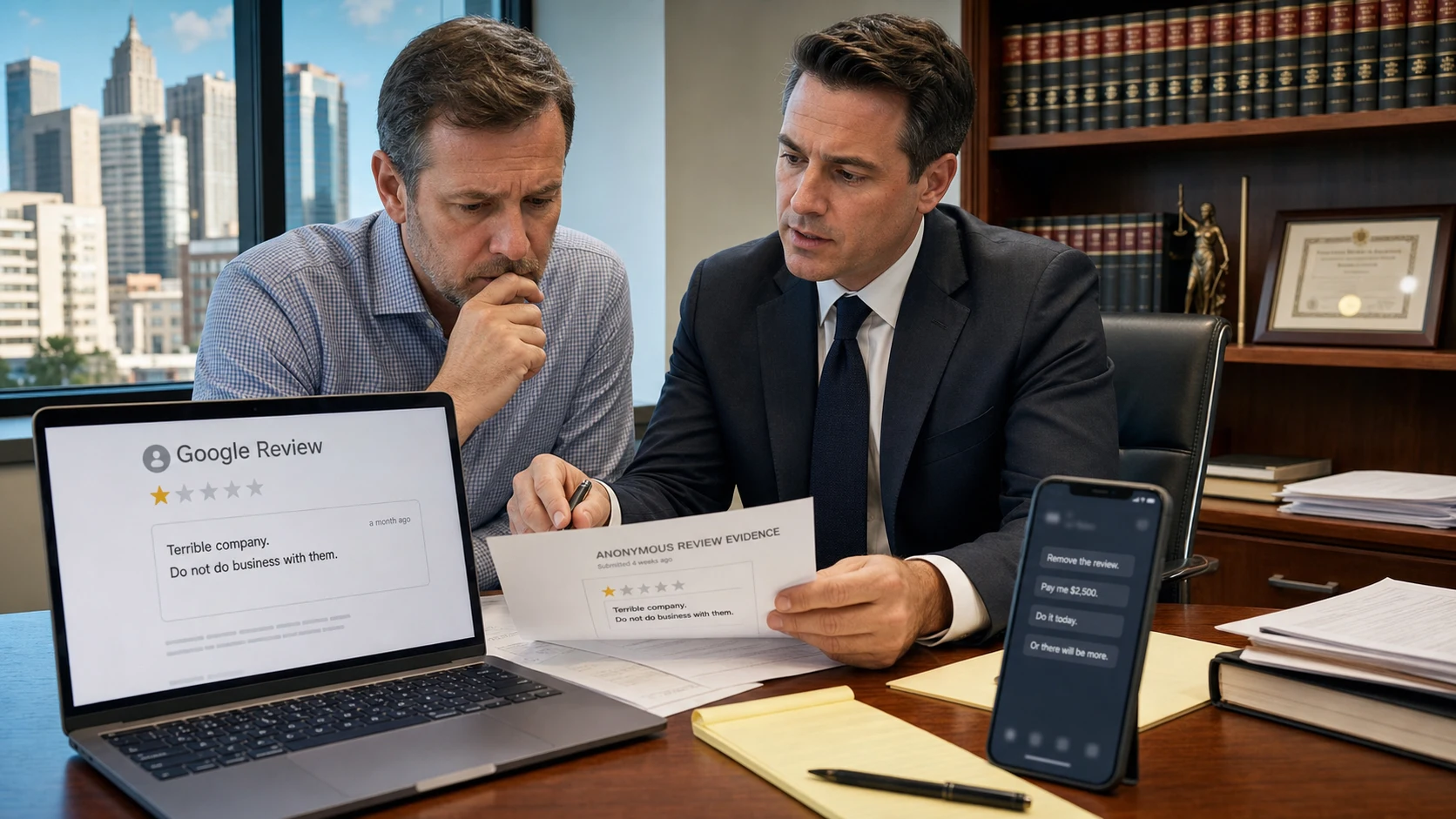 U.S. lawyer and business owner reviewing anonymous Google review extortion messages