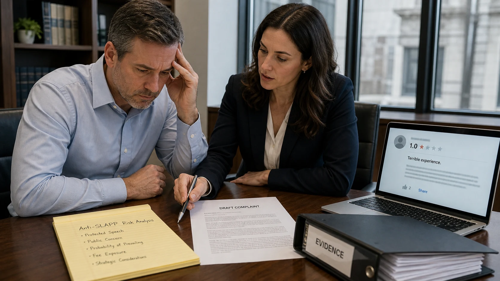 U.S. business owner and litigation counsel reviewing anti-SLAPP risk before suing over a Google review
