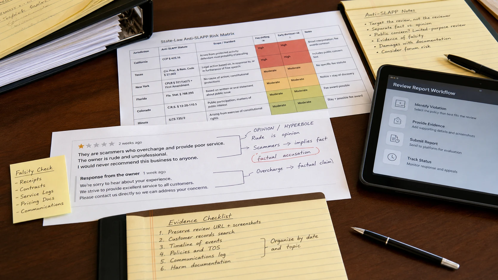 Anti-SLAPP risk matrix, review screenshots, and evidence file prepared in the United States