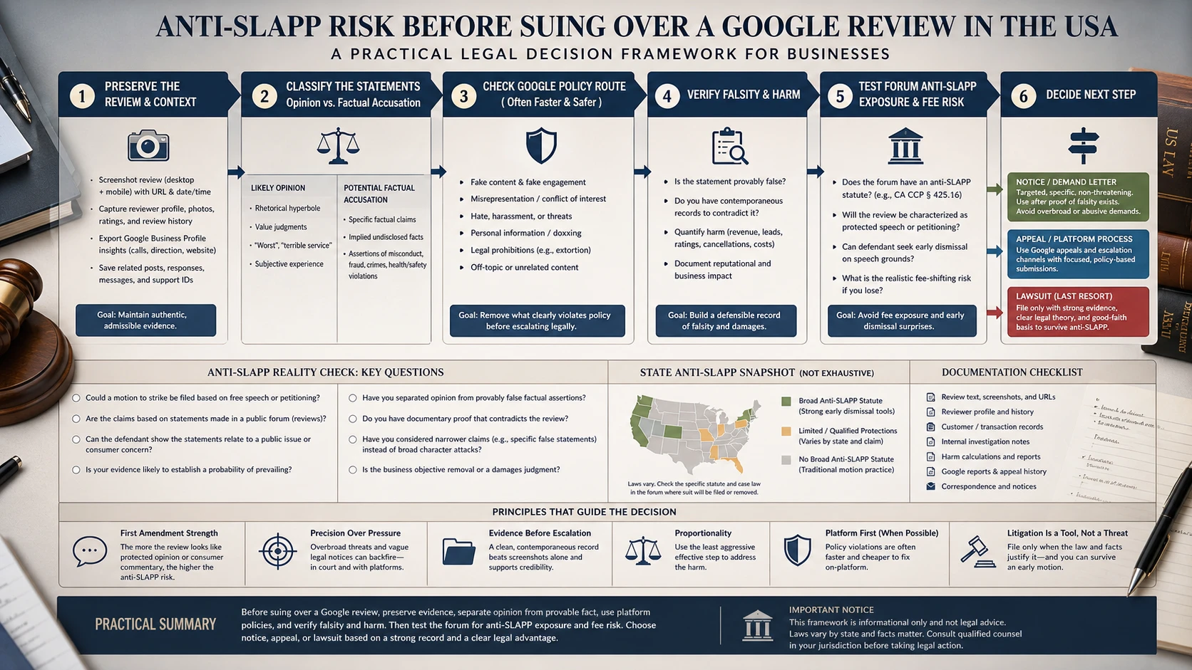 Technical infographic for anti-SLAPP risk before a Google review lawsuit in the USA