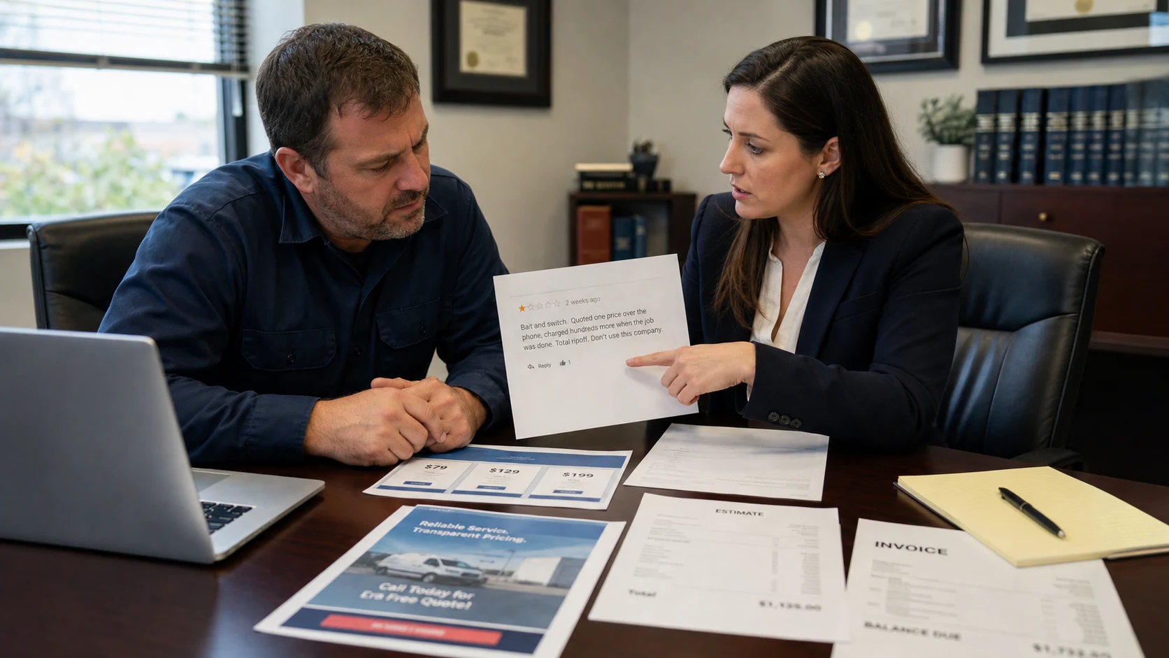 U.S. business owner and attorney reviewing a Google review accusing the company of bait-and-switch pricing beside ad copy and invoices
