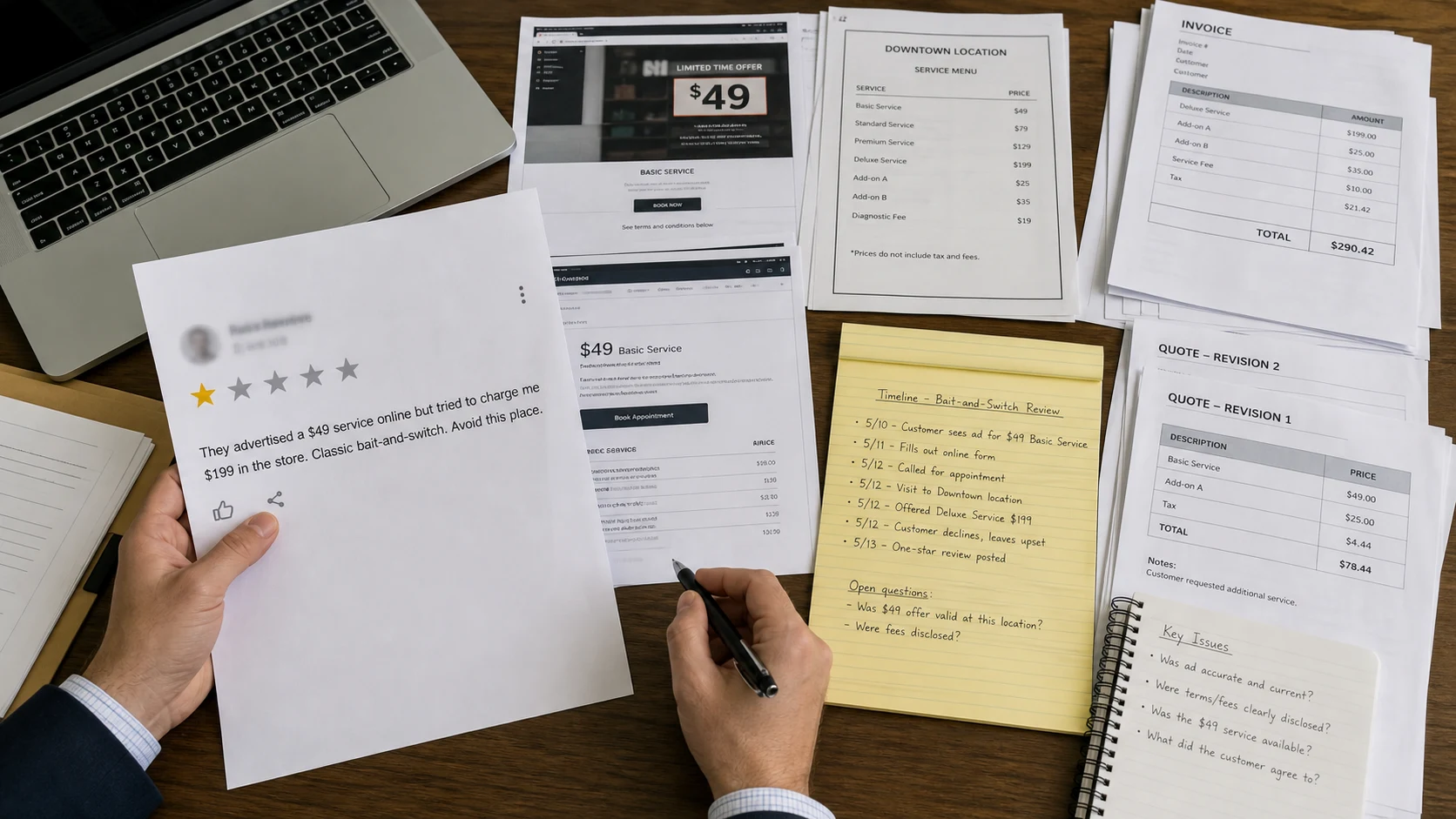 United States evidence desk comparing Google review screenshots with website pricing, promo terms, estimate versions, and invoice records