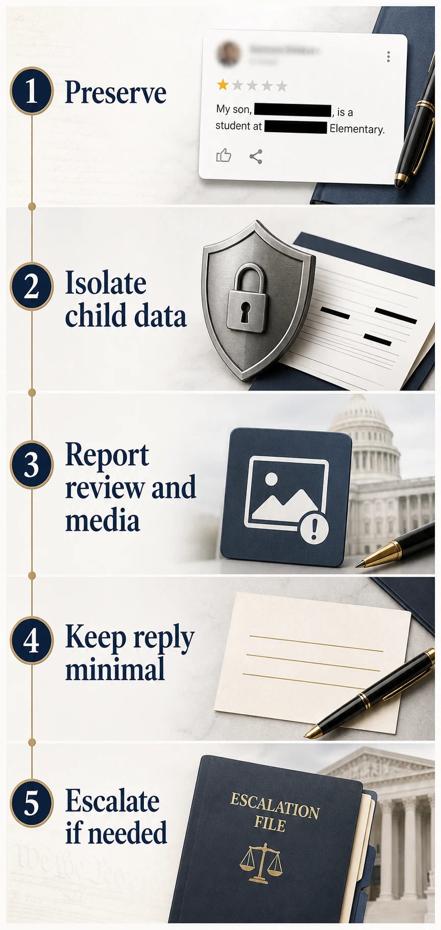 Technical infographic for responding to a Google review posting a child's personal data in the USA