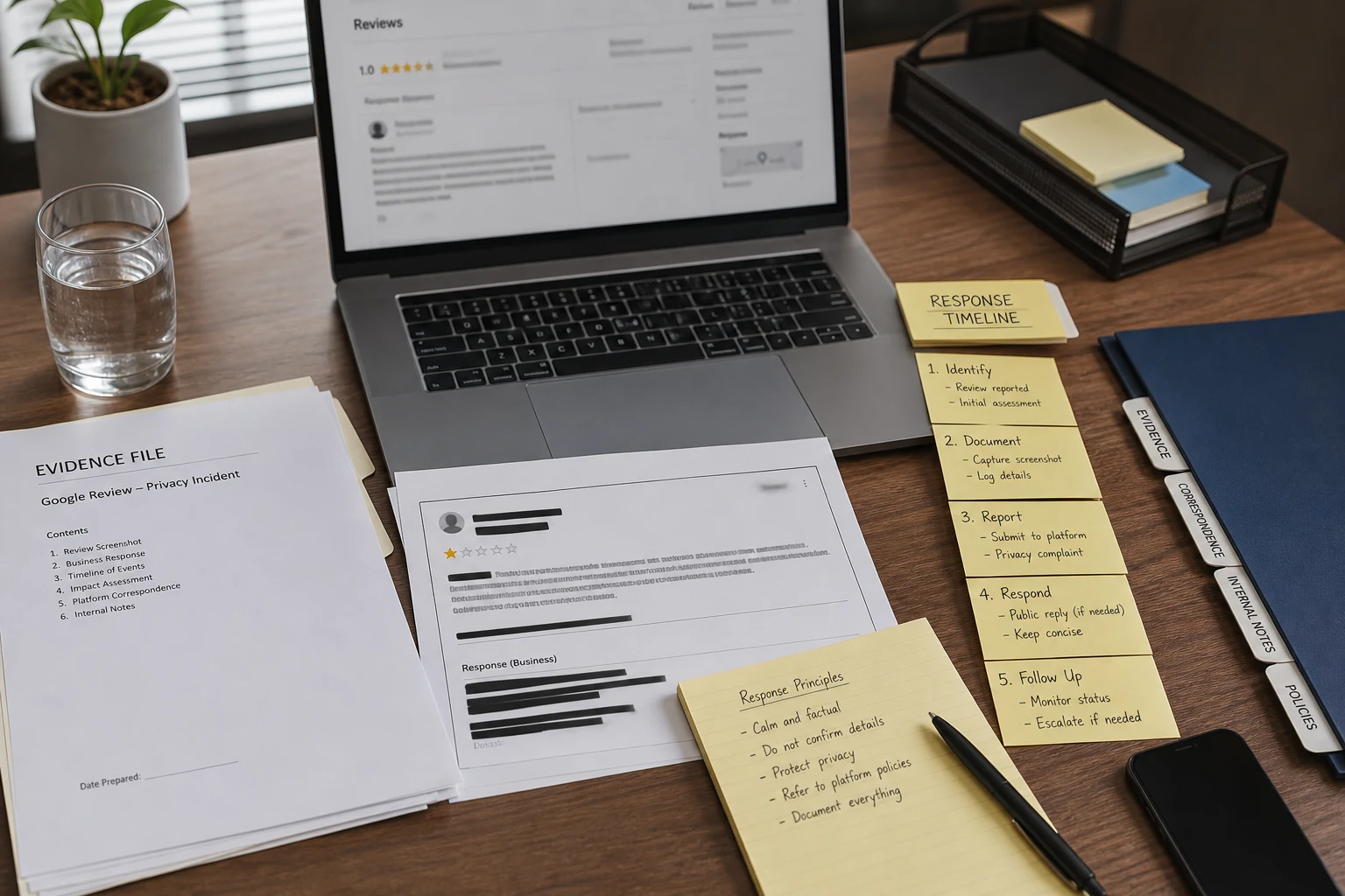 United States privacy-screened evidence desk comparing Google review screenshots with family-safe response notes