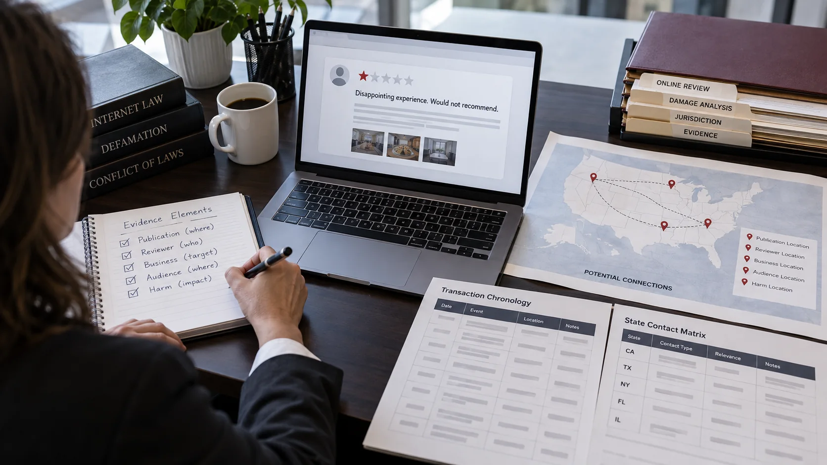 United States legal evidence specialist building a multistate contact matrix for a harmful Google review
