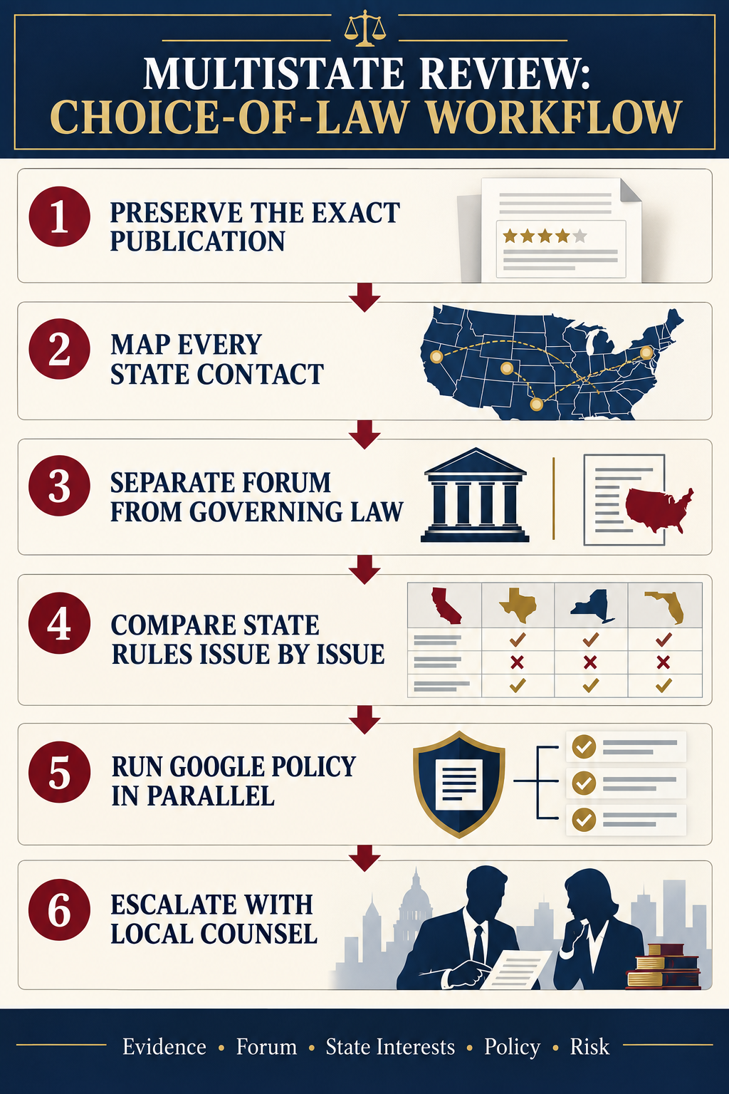 Technical infographic for choice-of-law analysis in a multistate U.S. Google review dispute