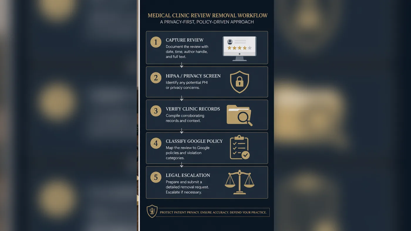 Technical infographic for U.S. clinic Google review removal workflow