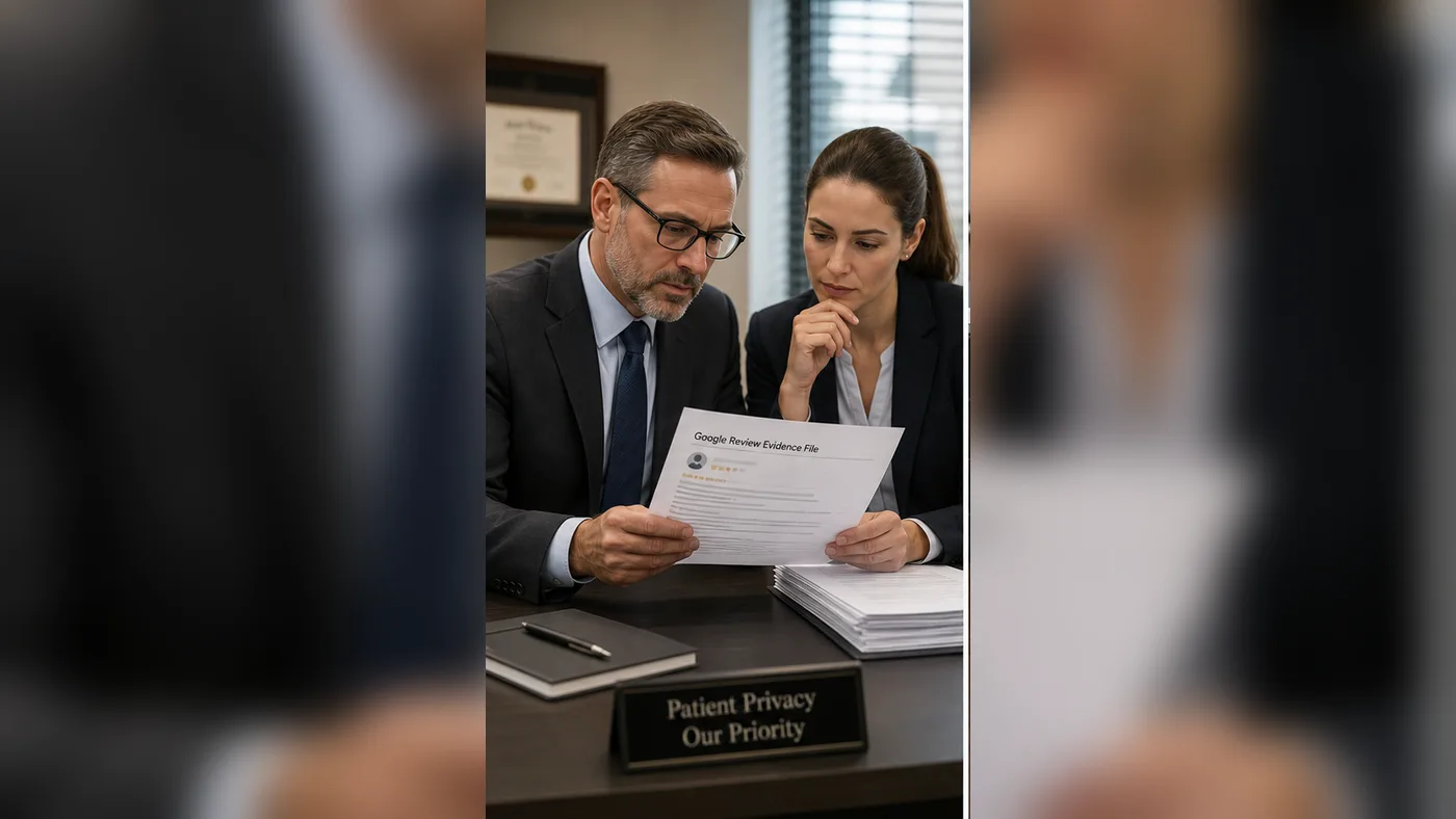 U.S. clinic administrator and health care counsel reviewing Google review evidence