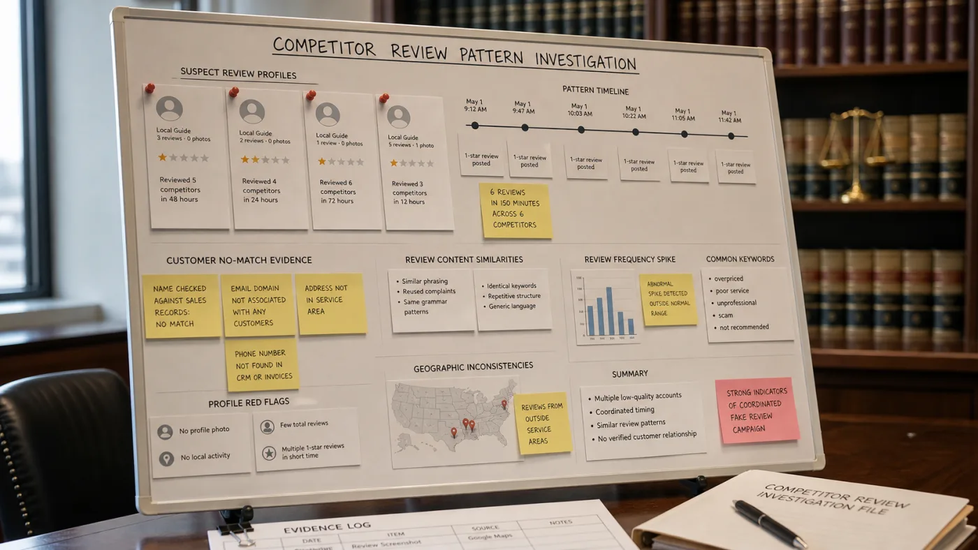 Evidence board for competitor fake Google review investigation in the USA