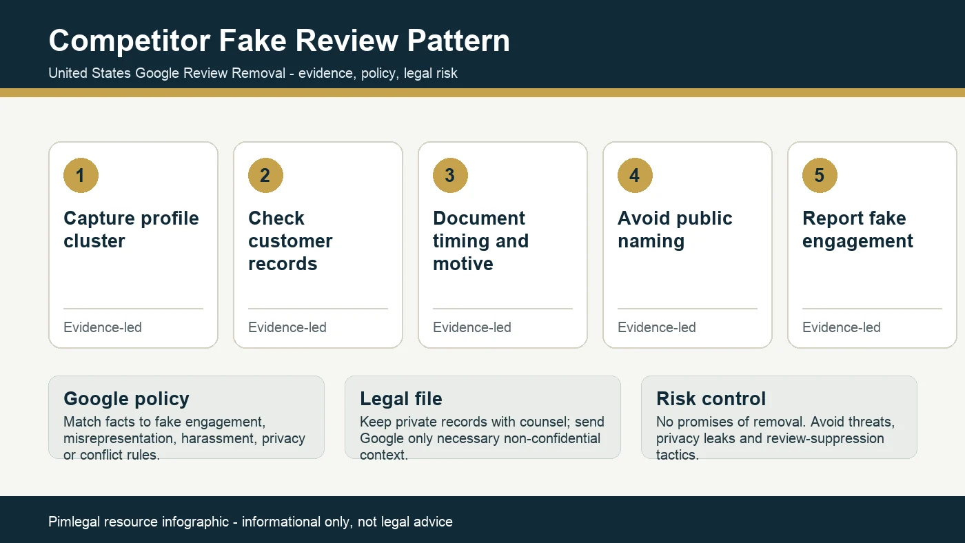 Technical infographic for competitor fake Google review response in the USA