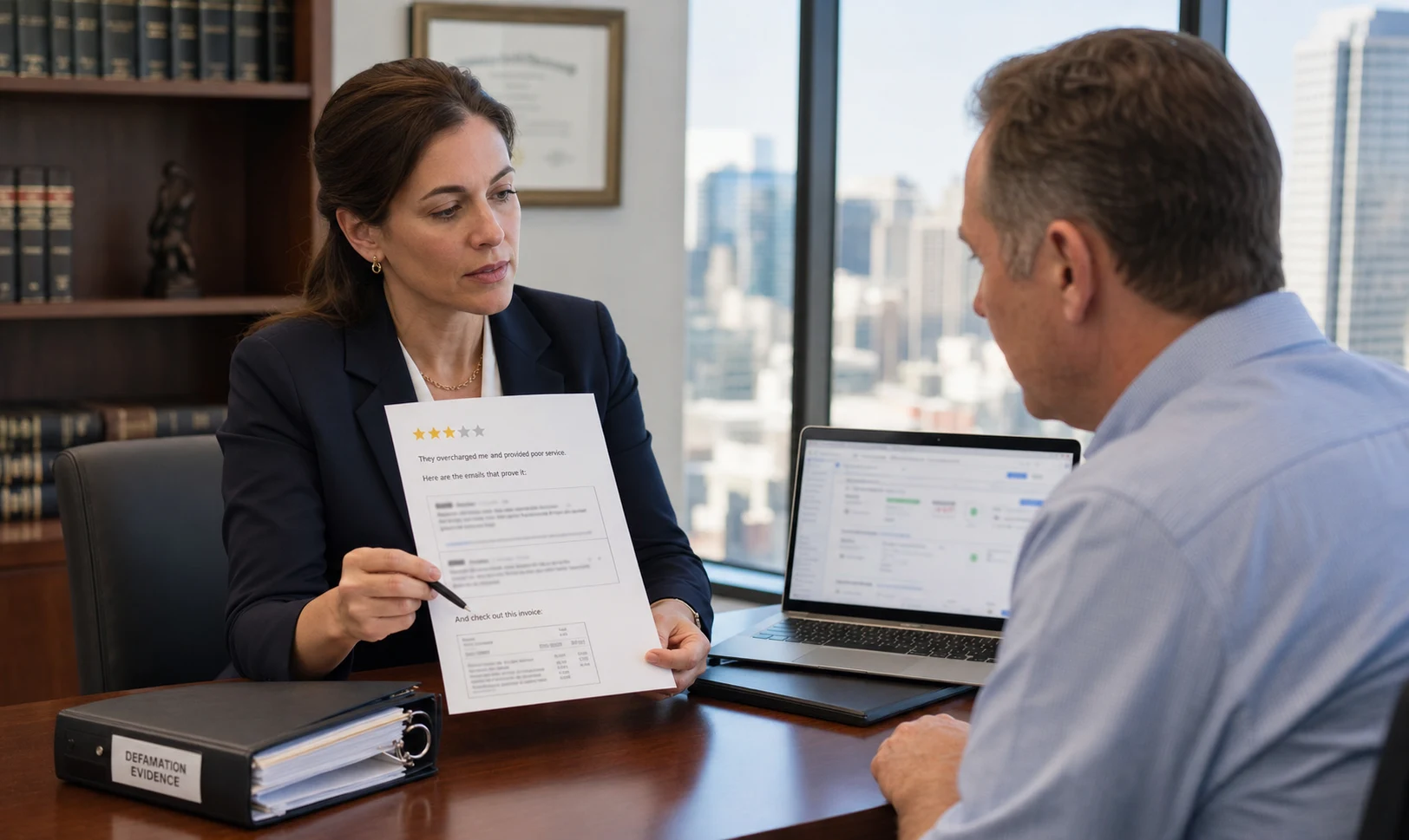 U.S. business owner and lawyer reviewing a Google review that republishes private emails and invoices