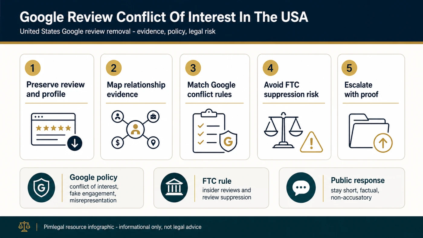 Technical infographic for handling conflict-of-interest Google reviews in the USA