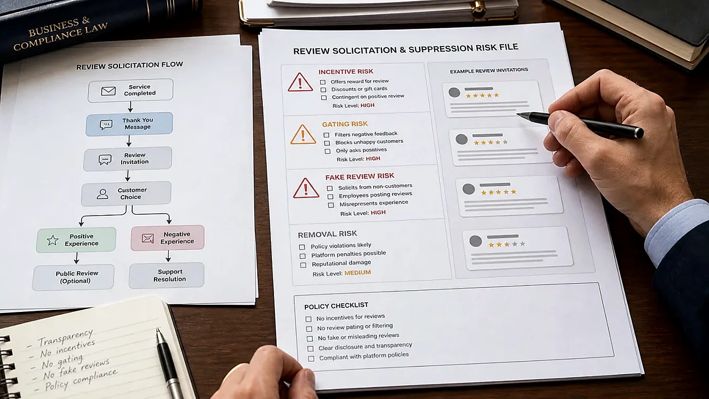 United States compliance desk comparing review-response templates, customer contracts, and Google review evidence