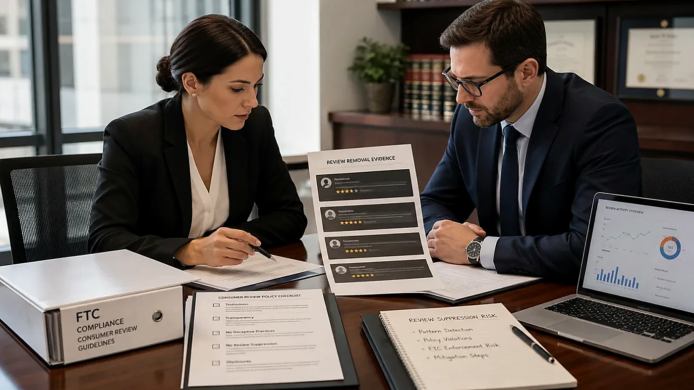 U.S. business owner and lawyer reviewing online terms and a harmful Google review for Consumer Review Fairness Act risk