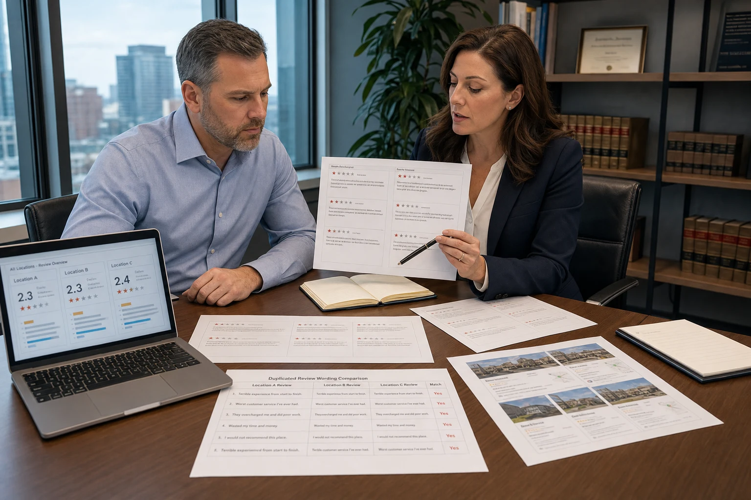 U.S. business owner and attorney reviewing copied or duplicated Google reviews across multiple profiles and locations