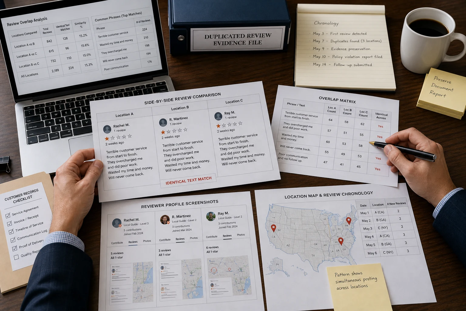 United States evidence desk comparing duplicated Google review wording, reviewer profiles, and branch chronology