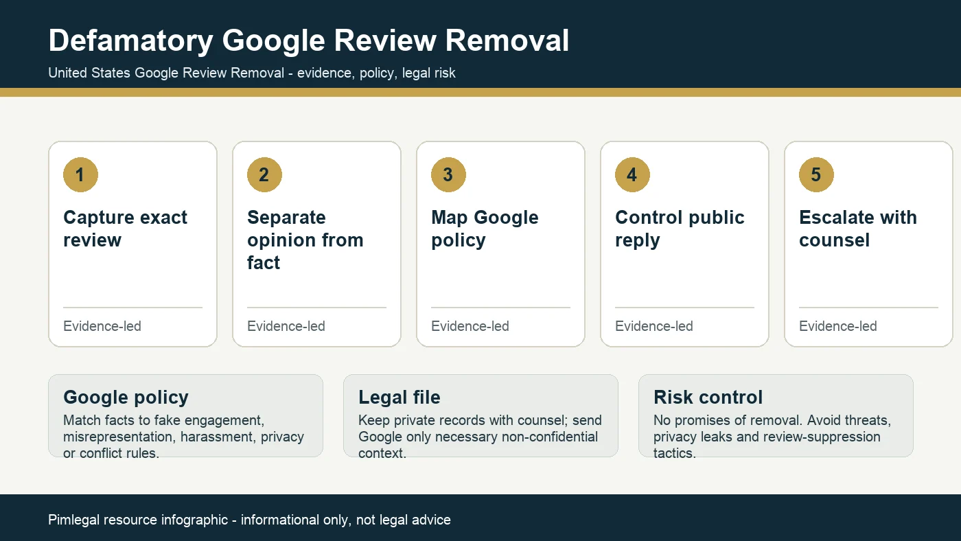 Technical infographic for removing a defamatory Google review in the USA