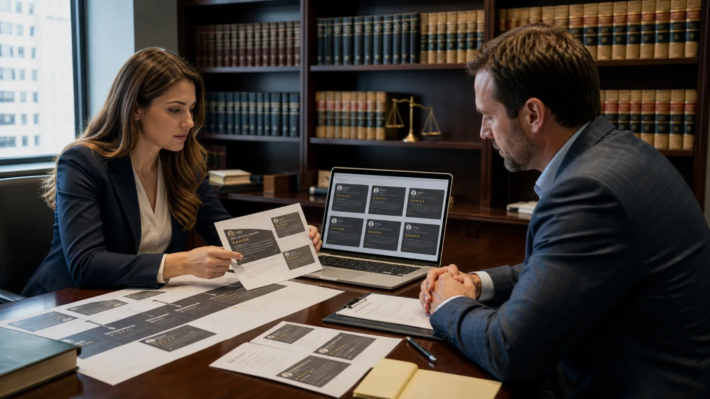 U.S. legal team reviewing a defamatory Google review evidence file