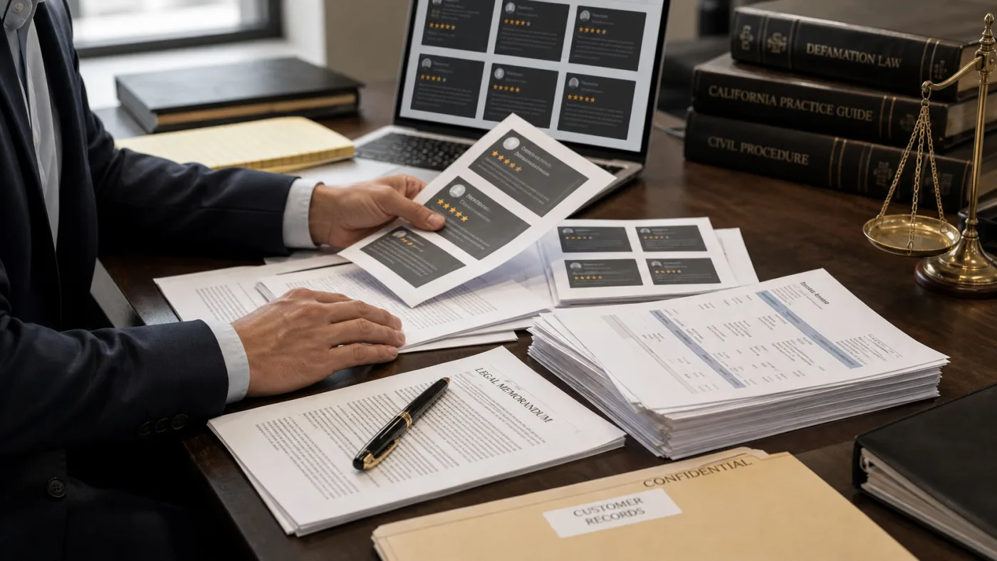 Business records and Google review screenshots prepared for U.S. defamation review