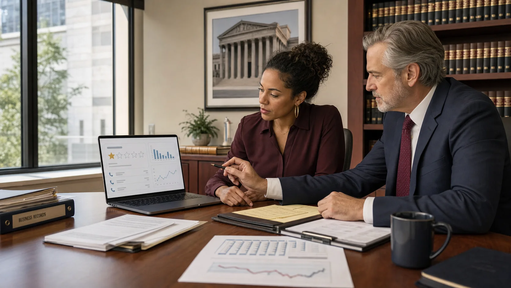 U.S. business owner and defamation attorney reviewing evidence of harm from a false Google review