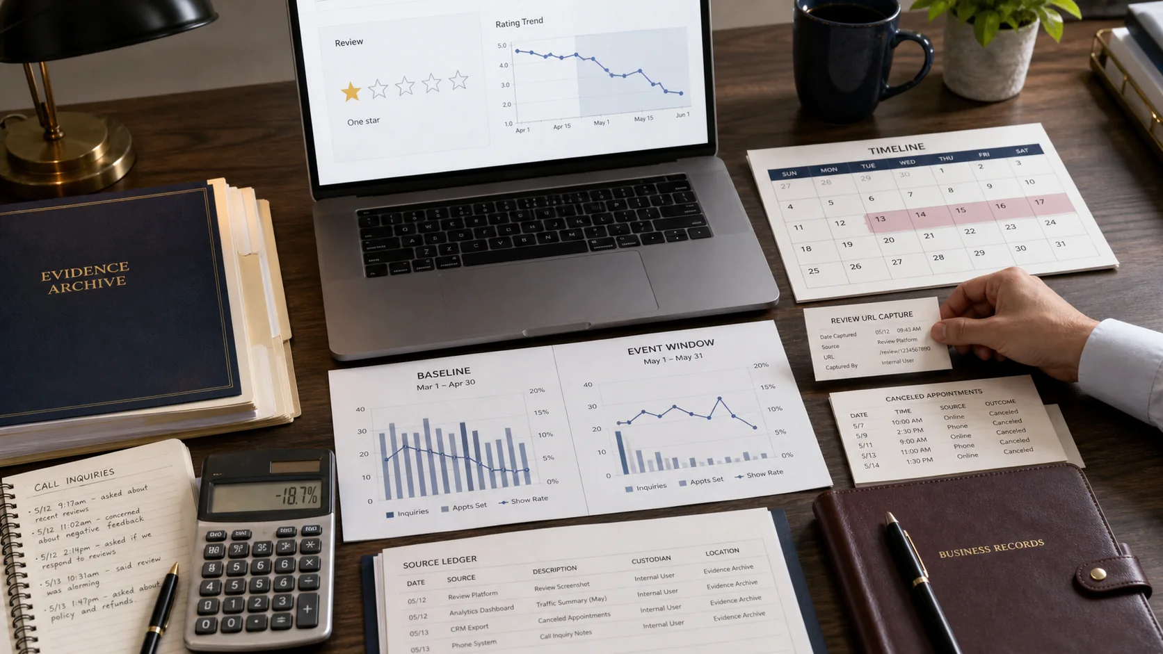 United States evidence desk comparing business baselines with review-related inquiries and cancellations