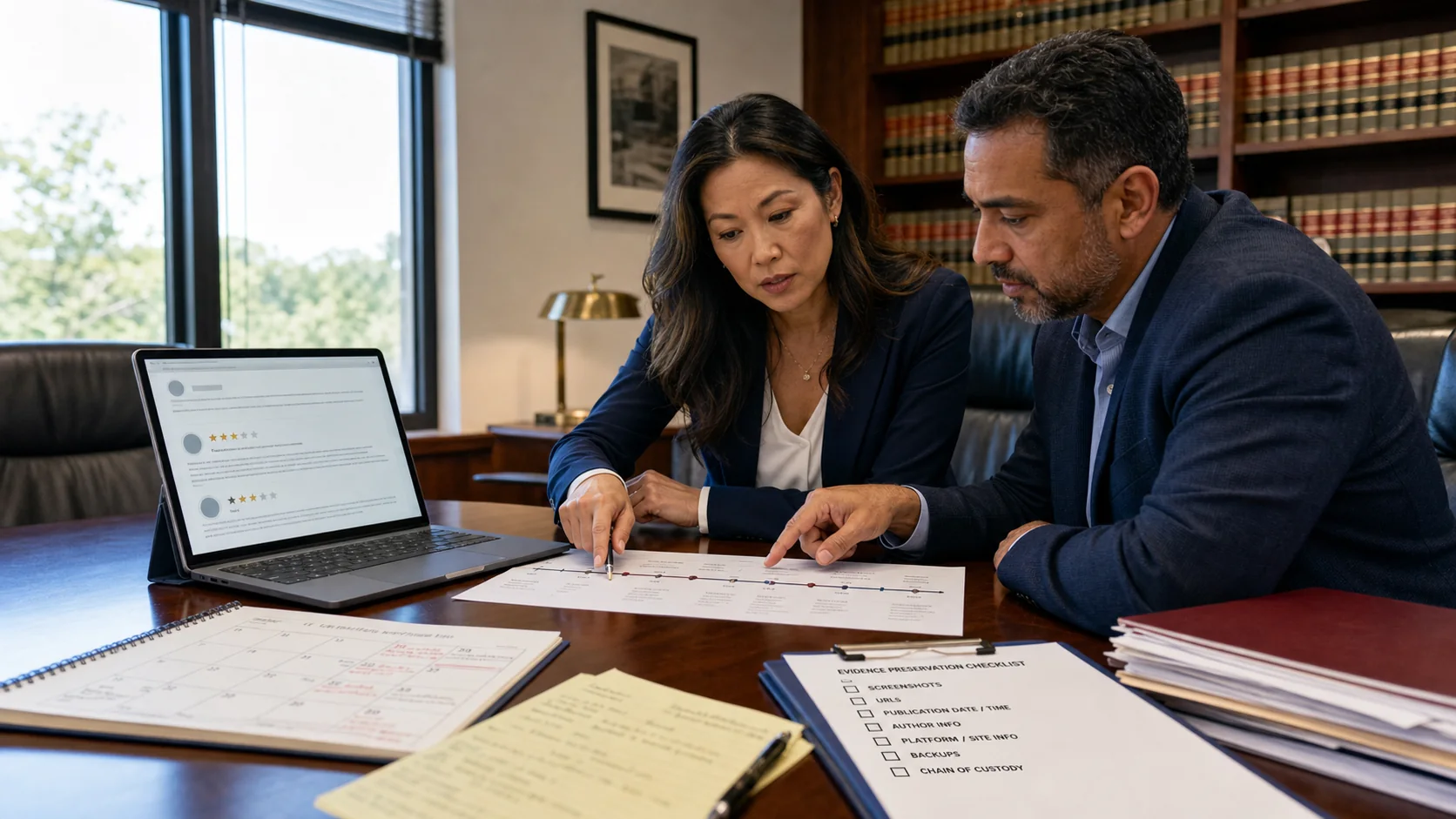 U.S. business owner and defamation attorney reviewing the publication date and deadline for a harmful Google review