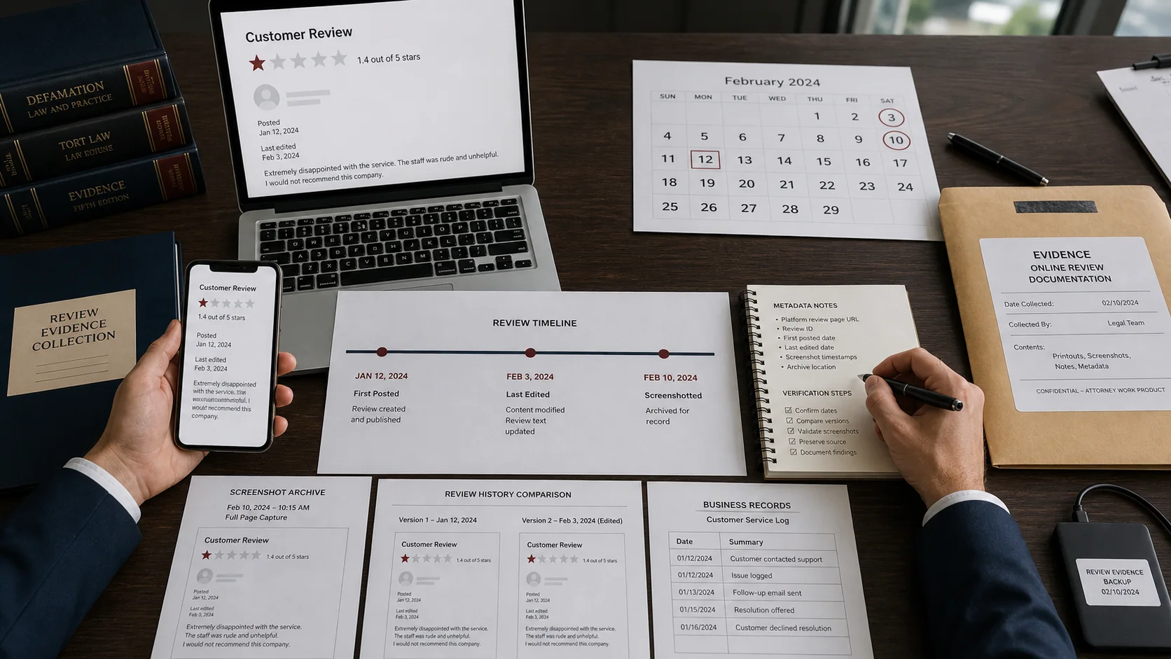 United States evidence desk comparing first publication, later edits, screenshots, and business records for a harmful Google review