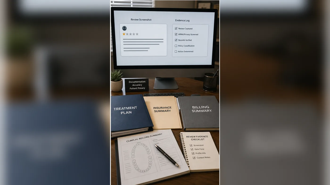 Dental evidence file with review screenshots and protected chart materials in the United States