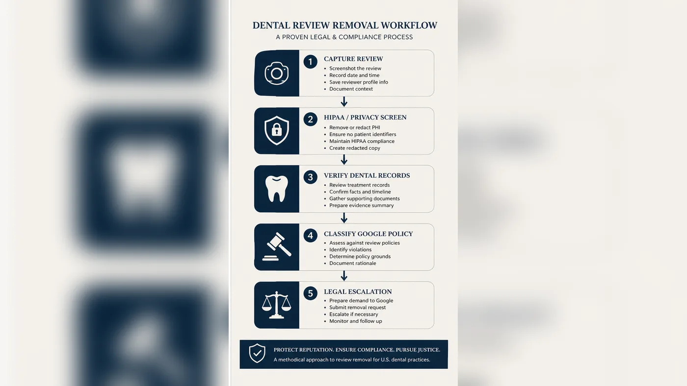 Technical infographic for U.S. dentist Google review removal workflow