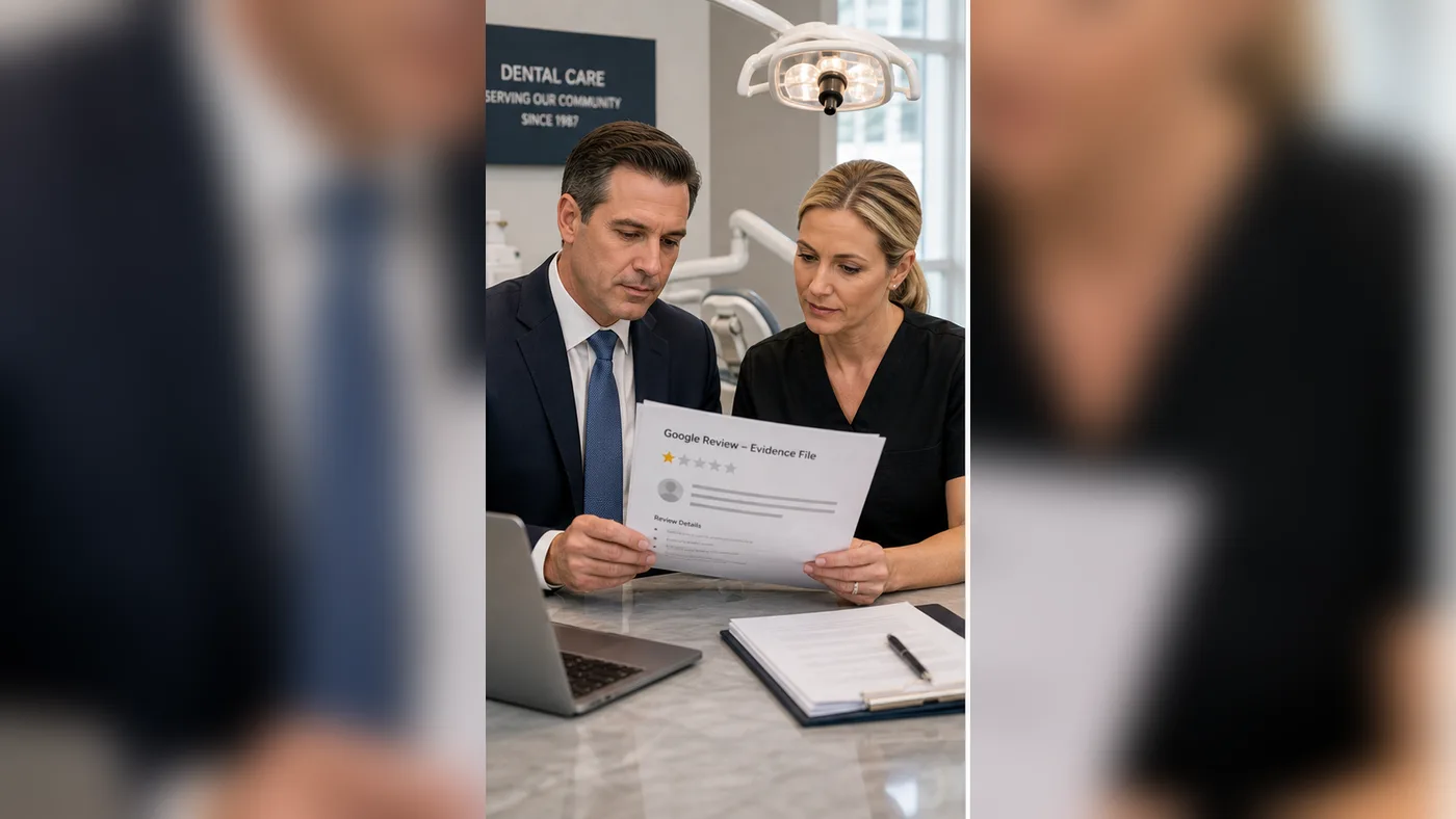 U.S. dental practice manager and lawyer reviewing Google review evidence