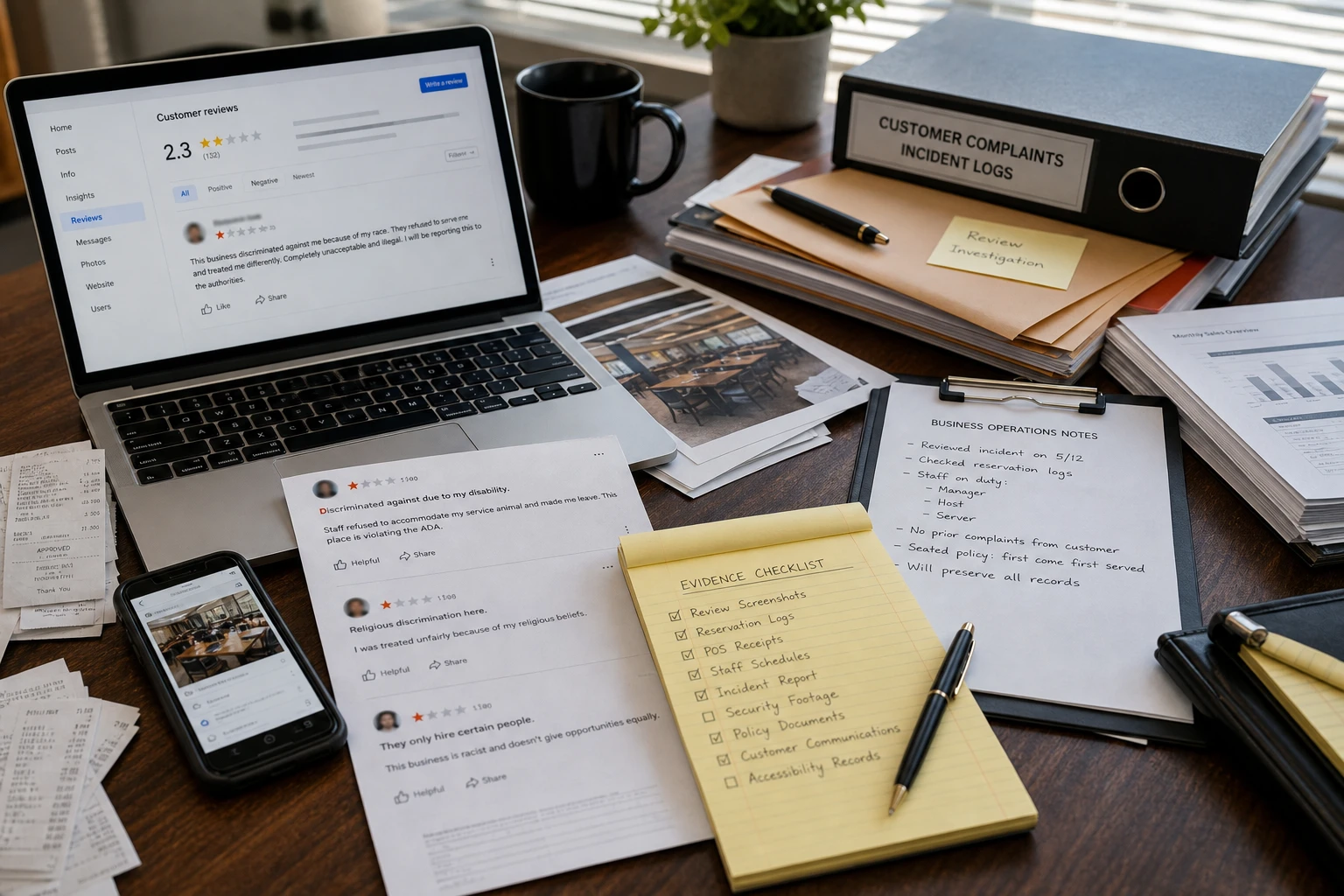 United States evidence board comparing discrimination allegations in a Google review with business records