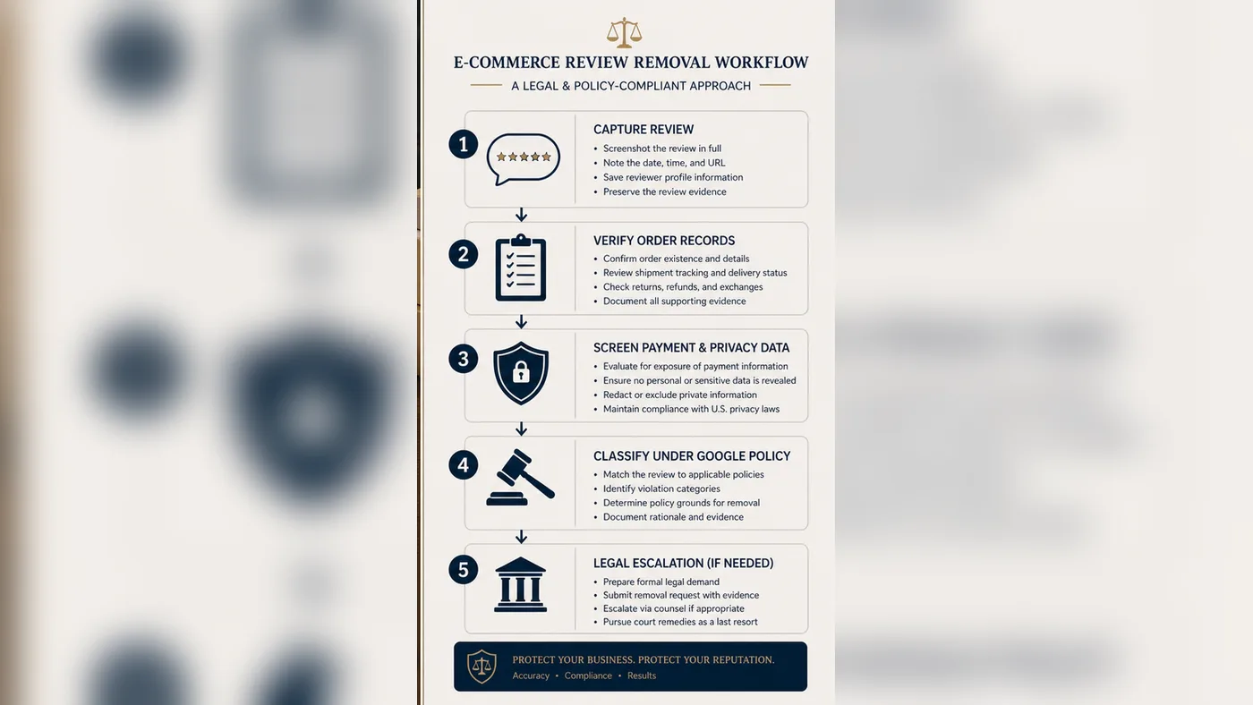 Technical infographic for U.S. e-commerce Google review removal workflow