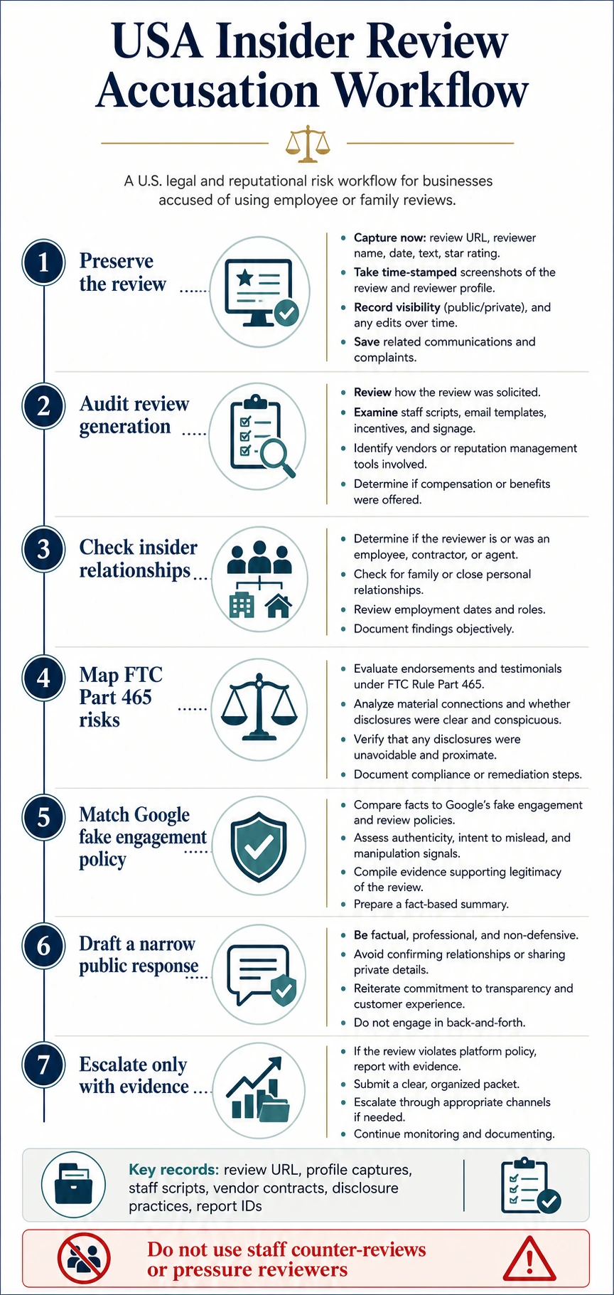 Technical infographic for responding to a Google review accusing a business of employee or family reviews in the USA
