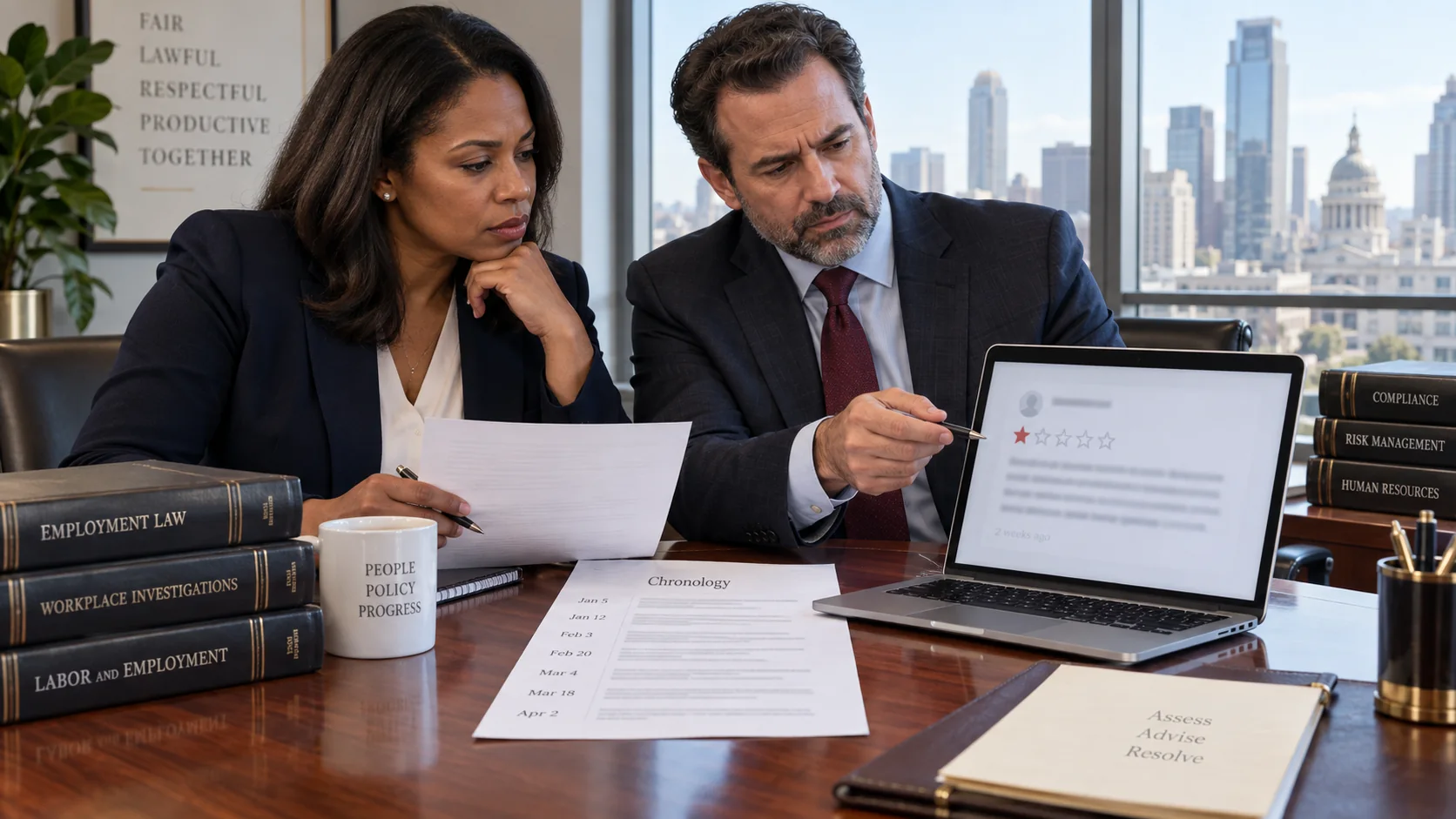 U.S. employment lawyer and HR director reviewing an employee Google review before any disciplinary response