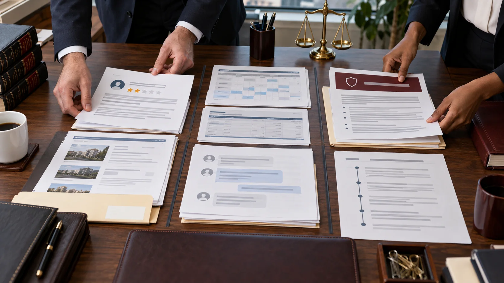 United States evidence desk separating employee review facts into NLRA, Google policy, and defamation tracks