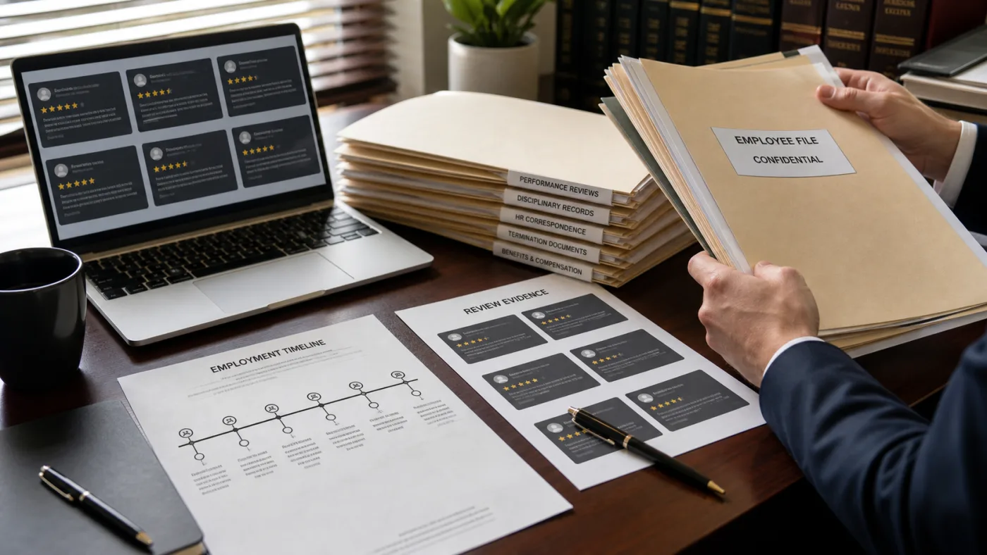 Employment records and Google review screenshots in a U.S. workplace review dispute