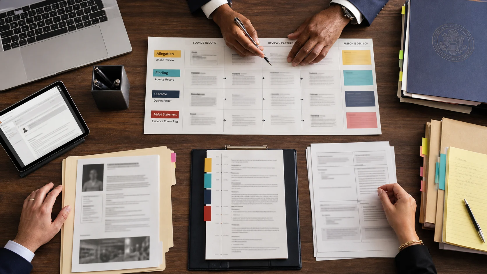 United States evidence file mapping allegations, findings, outcomes, and added statements in a Google review