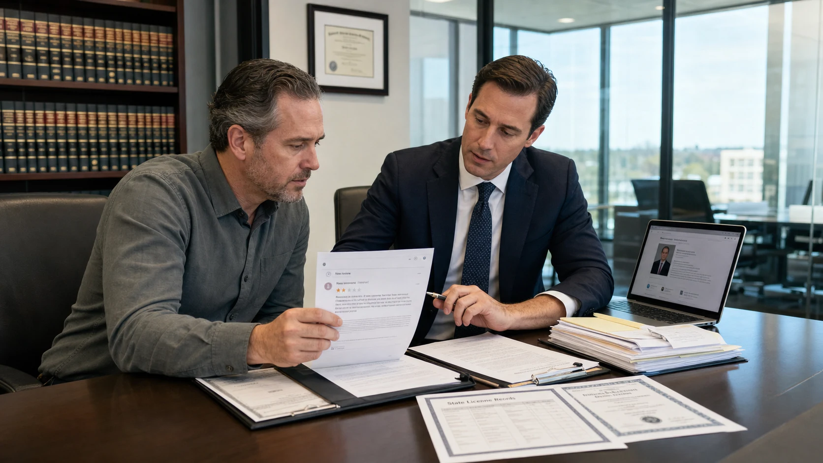 U.S. business owner and attorney reviewing a Google review accusing the company of fake credentials or unlicensed practice beside licensing records and website bios