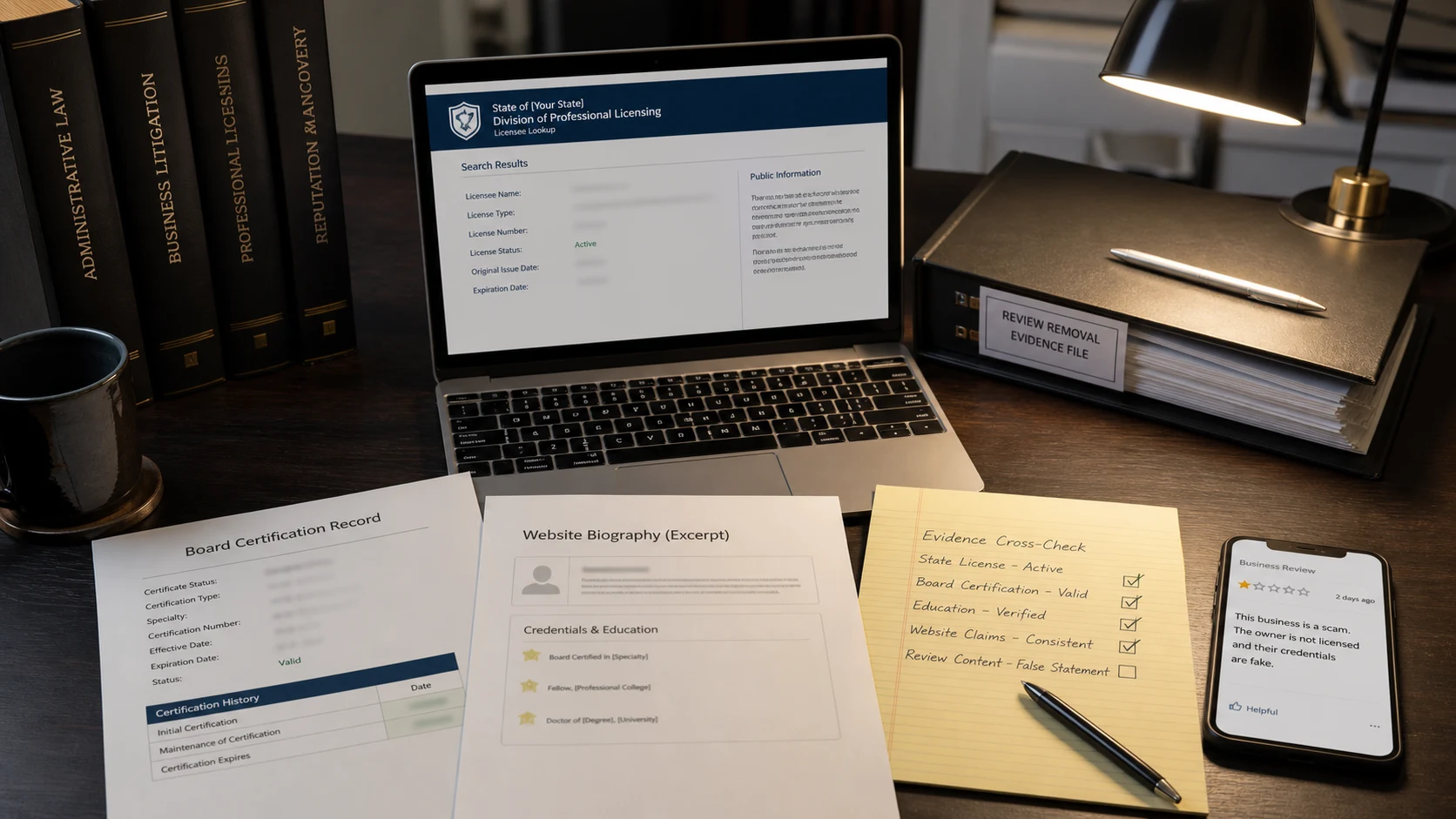 United States evidence desk comparing Google review screenshots with state license lookups, board certifications, and marketing claims in a credential dispute